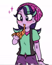 Size: 499x629 | Tagged: safe, artist:gloomynyan, derpibooru import, starlight glimmer, equestria girls, mirror magic, spoiler:eqg specials, :3, beanie, clothes, eating, everything is ruined, female, food, happy, hat, meat, pants, pepperoni, pineapple, pineapple pizza, pizza, pure unfiltered evil, shirt, simple background, smiling, solo, that pony sure does love pineapple pizza, watch, white background, wristwatch