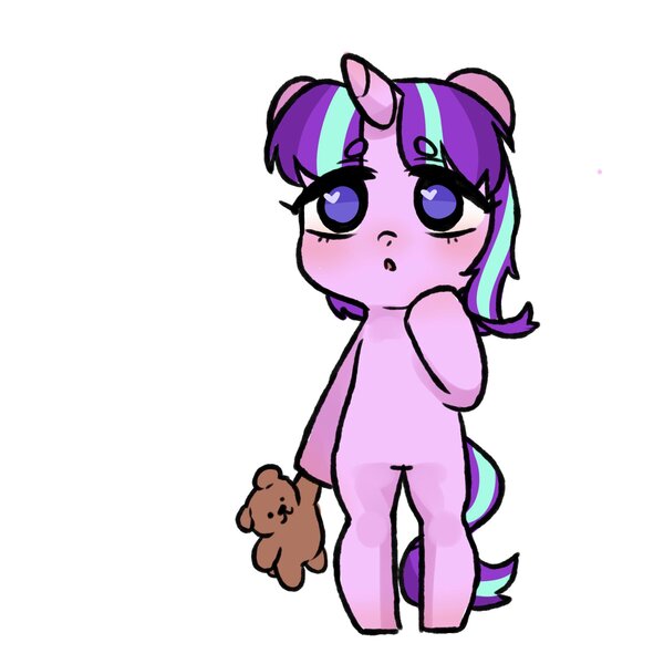 Size: 2000x2000 | Tagged: safe, artist:gloomynyan, derpibooru import, starlight glimmer, pony, unicorn, :o, bipedal, cute, female, filly, filly starlight glimmer, glimmerbetes, heart eyes, open mouth, raised hoof, simple background, solo, teddy bear, white background, wingding eyes, younger