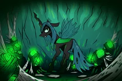Size: 2002x1319 | Tagged: artist:quadrog, changeling, changeling egg, changeling hive, changeling queen, crown, derpibooru import, fangs, female, jewelry, lidded eyes, profile, queen chrysalis, regalia, safe, solo