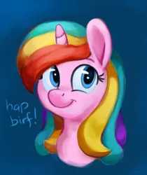 Size: 2430x2898 | Tagged: safe, artist:aemantaslim, derpibooru import, oc, oc:st. pinkie, unofficial characters only, alicorn, pony, alicorn oc, bust, female, gradient background, happy birthday, horn, mare, multicolored hair, portrait, rainbow hair, smiling, solo, wings