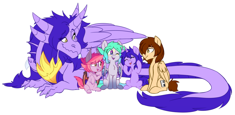 Size: 7039x3439 | Tagged: safe, artist:chub-wub, derpibooru import, oc, oc:amethyst sniper, oc:bajo, oc:lustra, oc:senda, unofficial characters only, bat pony, dragon, pegasus, pony, unicorn, absurd resolution, amejo, bat pony oc, bat wings, dragoness, eyes closed, female, male, mare, simple background, smiling, stallion, transparent background, wings