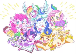 Size: 1024x729 | Tagged: safe, artist:tsukuda, derpibooru import, applejack, fluttershy, pinkie pie, rainbow dash, rarity, spike, twilight sparkle, dragon, earth pony, pegasus, pony, unicorn, baby, baby dragon, blushing, book, bookmark, cake, cute, cutie mark, dashabetes, diapinkes, eyes closed, female, flower, food, jackabetes, male, mane seven, mane six, mare, open mouth, pony pile, present, raribetes, shyabetes, simple background, smiling, spikabetes, twiabetes, white background