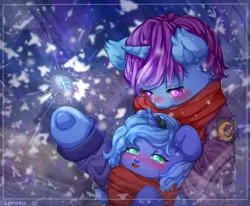 Size: 2408x1980 | Tagged: safe, artist:lokoro, derpibooru import, princess luna, oc, oc:azure night, pony, azuna, blushing, canon x oc, clothes, coat, commission, cute, cutie mark, female, filly, jacket, jewelry, lunabetes, scarf, smiling, snow, snowflake, tiara, winter, woona, ych result, younger