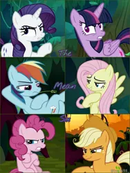 Size: 768x1024 | Tagged: alicorn, artist:kobato98, clone, clone six, collage, derpibooru import, edit, edited screencap, everfree forest, hat, mean applejack, mean fluttershy, mean pinkie pie, mean rainbow dash, mean rarity, mean six, mean twilight sparkle, safe, screencap, straw in mouth, the mean 6