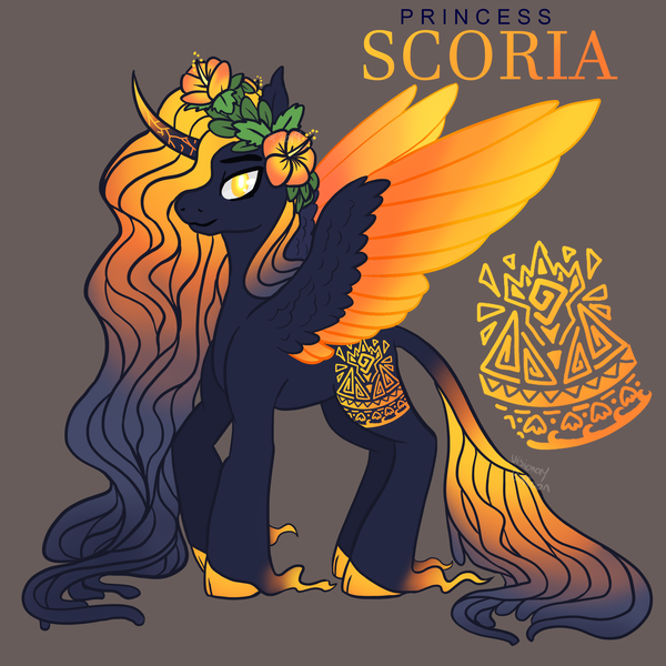 Size: 2160x2160 | Tagged: safe, artist:visionarybuffoon, derpibooru import, oc, oc:princess scoria, alicorn, pony, flower, hawaii, hawaiian, hawaiian flower in hair, hibiscus, lava, pele, pele's hair, polynesian, princess, princess oc, redesign, volcano