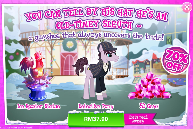 Size: 1027x690 | Tagged: advertisement, bird, chicken, costs real money, derpibooru import, gameloft, gem, male, official, rooster, safe, sale, sherlock, sherlock holmes, stallion