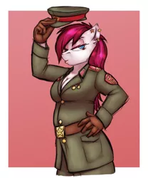 Size: 2500x3000 | Tagged: suggestive, artist:krd, derpibooru import, oc, oc:tight fit, unofficial characters only, anthro, earth pony, belt, belt buckle, breasts, cleavage, clothes, ear piercing, female, gloves, kissy face, makeup, mascara, piercing, red army, red star, simple background, solo, solo female, uniform, uniform fetish