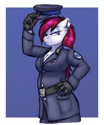 Size: 2500x3000 | Tagged: suggestive, artist:krd, derpibooru import, oc, oc:tight fit, unofficial characters only, anthro, earth pony, belt, belt buckle, breasts, cleavage, clothes, ear piercing, female, gloves, kissy face, lunar republic, makeup, mascara, military uniform, piercing, simple background, solo, solo female, uniform, uniform fetish