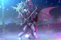 Size: 3465x2273 | Tagged: semi-grimdark, artist:justafallingstar, derpibooru import, oc, oc:midnight storm, bat pony, belly button, blood, clothes, fangs, glowing tattoos, golf, golf club, hoodie, niblick, panties, slit eyes, smiling, socks, sports, tattoo, underwear