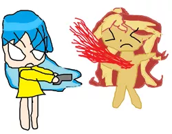 Size: 897x695 | Tagged: grimdark, artist:kiarou, derpibooru import, sunset shimmer, oc, pony, 1000 hours in ms paint, abuse, blood, death, downvote bait, female, gun, shimmerbuse, weapon, why