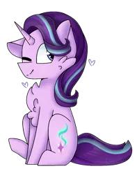 Size: 941x1194 | Tagged: safe, artist:clairedaartiste444, derpibooru import, starlight glimmer, pony, unicorn, chest fluff, one ear down, one eye closed, simple background, sitting, smiling, solo, transparent background, wink