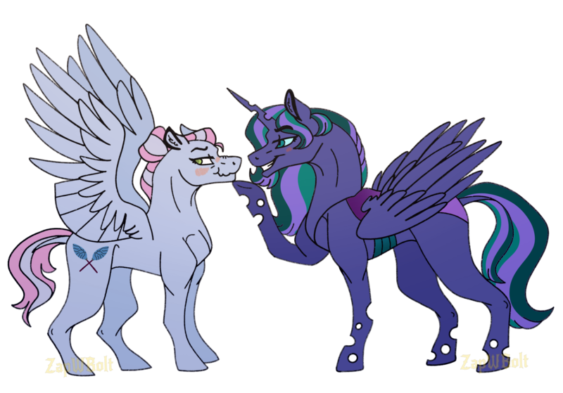 Size: 2388x1668 | Tagged: safe, artist:detoxx-retoxx, derpibooru import, oc, oc:firefly, oc:turquoise edge, unofficial characters only, alicorn, changepony, hybrid, pegasus, pony, kindverse, alicorn oc, female, horn, interspecies offspring, lesbian, magical lesbian spawn, offspring, offspring shipping, parent:limestone pie, parent:princess luna, parent:queen chrysalis, parent:zephyr breeze, parents:chrysaluna, parents:zephyrstone, wings