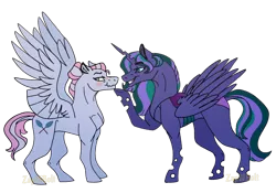 Size: 2388x1668 | Tagged: safe, artist:detoxx-retoxx, derpibooru import, oc, oc:firefly, oc:turquoise edge, unofficial characters only, alicorn, changepony, hybrid, pegasus, pony, kindverse, alicorn oc, female, horn, interspecies offspring, lesbian, magical lesbian spawn, offspring, offspring shipping, parent:limestone pie, parent:princess luna, parent:queen chrysalis, parent:zephyr breeze, parents:chrysaluna, parents:zephyrstone, wings