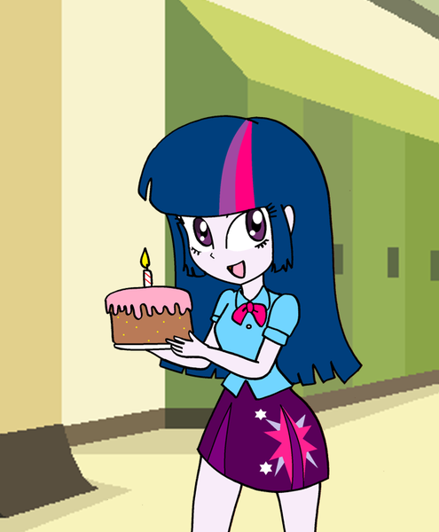 Size: 630x763 | Tagged: safe, artist:optip, derpibooru import, twilight sparkle, equestria girls, cake, food