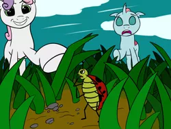 Size: 4000x3000 | Tagged: 4chan, artist:anonymous, derpibooru import, drawthread, grass, imminent crushing, insect, ladybug, /mlp/, ocellus, pebbles, safe, size difference, sweetie belle