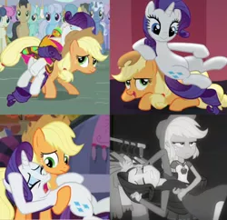 Size: 1600x1546 | Tagged: safe, derpibooru import, screencap, applejack, rarity, pony, equestria girls, equestria girls series, fame and misfortune, made in manehattan, magic duel, rarity investigates: the case of the bedazzled boot, applejack is not amused, female, marshmelodrama, rarity being rarity, rarity investigates (eqg): applejack, shipping fuel, unamused