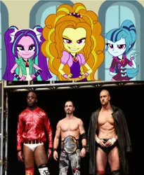 Size: 822x1004 | Tagged: safe, derpibooru import, edit, screencap, adagio dazzle, aria blaze, sonata dusk, moose, equestria girls, rainbow rocks, austin aries, impact wrestling, killer kross, the dazzlings