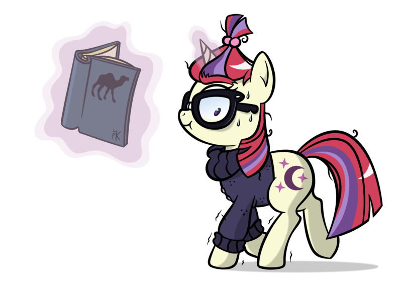 Size: 2039x1446 | Tagged: safe, artist:pony4koma, derpibooru import, moondancer, camel, pony, unicorn, book, clothes, dromedary, female, glasses, magic, mare, practice, sweater