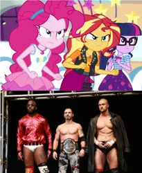 Size: 822x1004 | Tagged: safe, derpibooru import, edit, screencap, pinkie pie, sunset shimmer, twilight sparkle, moose, equestria girls, equestria girls series, rollercoaster of friendship, angry, austin aries, impact wrestling, killer kross, magical geodes