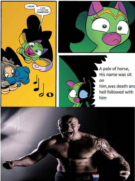 Size: 762x1024 | Tagged: cheerilee, derpibooru import, edit, impact wrestling, killer kross, safe, spoiler:comic, spoiler:comic29, surprise entrance meme