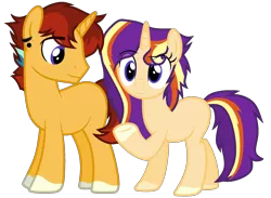 Size: 1944x1426 | Tagged: safe, artist:sapphireartemis, derpibooru import, oc, oc:sunrise lightburst, oc:sunset lightburst, unofficial characters only, pony, unicorn, brother and sister, female, male, mare, offspring, parent:starlight glimmer, parent:sunburst, parents:starburst, siblings, simple background, stallion, transparent background