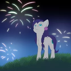 Size: 2000x2000 | Tagged: safe, artist:dark-drawz, derpibooru import, oc, oc:azure harmony, unofficial characters only, earth pony, pony, braid, cute, female, field, fireworks, hair ornament, looking up, mare, night, ocbetes, seashell, sky, solo