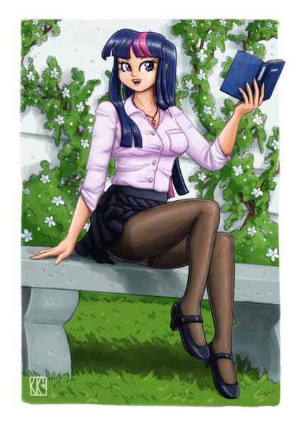 Size: 1280x1817 | Tagged: adorasexy, adorkable, artist:king-kakapo, book, clothes, cute, derpibooru import, dork, female, grass, high heels, human, humanized, legs, looking at you, mary janes, open mouth, panties, pantyhose, panty shot, pleated skirt, safe, sexy, shoes, sitting, skirt, socks, solo, stockings, thigh highs, twilight sparkle, underwear, upskirt, white panties, white underwear
