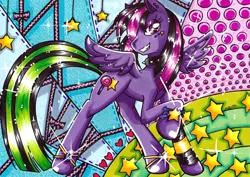 Size: 872x616 | Tagged: safe, artist:imaranx, derpibooru import, oc, oc:sweetypunk, unofficial characters only, pegasus, pony, colorful, jewelry, marker drawing, old art, shiny, sock, solo, sparkles, stars, traditional art, wings