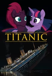 Size: 5450x7840 | Tagged: safe, artist:ejlightning007arts, derpibooru import, tempest shadow, twilight sparkle, twilight sparkle (alicorn), alicorn, pony, absurd resolution, broken horn, female, horn, lesbian, poster, ship, shipping, sinking, tempestlight, titanic