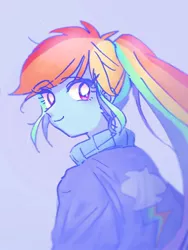 Size: 768x1024 | Tagged: safe, artist:xp_r6, derpibooru import, rainbow dash, equestria girls, clothes, female, looking at you, simple background, smiling, solo