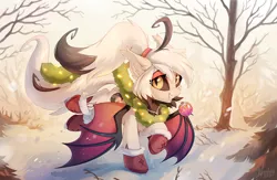 Size: 1280x834 | Tagged: safe, artist:hioshiru, derpibooru import, oc, oc:fever dream, unofficial characters only, bat pony, pony, bat pony oc, bat wings, black sclera, boots, christmas ornament, clothes, colored wings, decoration, ear fluff, female, fluffy, hairband, looking at you, mare, monster mare, mouth hold, ponytail, running, shoes, signature, slit eyes, smiling, snow, snowfall, solo, spread wings, tree, wings, winter