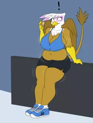 Size: 1200x1600 | Tagged: suggestive, artist:lurking tyger, derpibooru import, gilda, anthro, body expansion, breasts, busty gilda, chubby, clothes, expansion, fat, female, gildough, image, png, shoes, sneakers, socks, solo, solo female, sports bra, sports shoes, wardrobe malfunction, weight gain