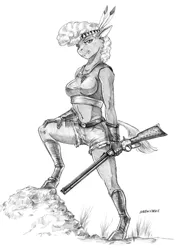 Size: 1000x1356 | Tagged: anthro, artist:baron engel, breasts, busty little strongheart, clothes, derpibooru import, female, grayscale, gun, little strongheart, looking at you, monochrome, pencil drawing, rifle, safe, simple background, sketch, solo, traditional art, unguligrade anthro, weapon, white background