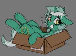 Size: 794x583 | Tagged: safe, artist:mewball, color edit, derpibooru import, edit, lyra heartstrings, pony, unicorn, box, colored, embarrassed, female, floppy ears, gray background, mare, pony in a box, simple background, smiling, solo