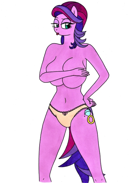 Size: 2478x3478 | Tagged: suggestive, artist:killerteddybear94, derpibooru import, spoiled rich, anthro, :p, belly button, big breasts, breasts, busty spoiled rich, clothes, covering breasts, cutie mark, eyebrows, eyelashes, female, frilly underwear, mane, mare, milf, mother, panties, purple hair, purple mane, purple tail, ribbon, sexy, silly, spoiled milf, stupid sexy spoiled rich, tail, teal eyes, tongue out, traditional art, underwear, yellow underwear