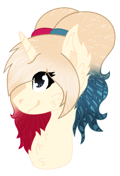 Size: 695x1017 | Tagged: safe, artist:space--paws0w0, derpibooru import, oc, oc:har-harley queen, unofficial characters only, pony, unicorn, bust, chest fluff, dc comics, ear fluff, female, harley quinn, mare, pig tail, pigtails, simple background, solo, transparent background