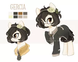 Size: 1024x817 | Tagged: safe, artist:pechastan, derpibooru import, oc, oc:gercia, unofficial characters only, earth pony, pony, clothes, female, flower, flower in hair, glasses, mare, reference sheet, solo