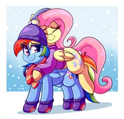 Size: 3096x2960 | Tagged: safe, artist:graphene, derpibooru import, fluttershy, rainbow dash, pegasus, pony, clothes, coat, cute, daaaaaaaaaaaw, dashabetes, eye clipping through hair, eyes closed, female, friendshipping, hat, hnnng, hug, mare, ponies riding ponies, riding, scarf, shyabetes, smiling, snow, snowfall, sweater