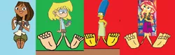 Size: 2284x726 | Tagged: suggestive, artist:richarddawson, derpibooru import, sunset shimmer, equestria girls, anatomically incorrect, courtney, crossover, feet, lori loud, marge simpson