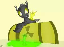 Size: 1024x748 | Tagged: artist:atomfliege, barrel, changeling, changeling oc, derpibooru import, lying down, male, oc, oc:warplix, radiation, radiation sign, radioactive, radioactive waste, safe, simple background, solo, yellow changeling