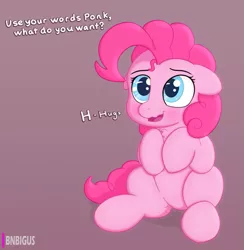 Size: 941x965 | Tagged: safe, artist:bnbigus, derpibooru import, pinkie pie, earth pony, pony, chest fluff, cute, dialogue, diapinkes, female, floppy ears, happy, hug, hug request, mare, offscreen character, open mouth, ponk, question, sitting, smiling