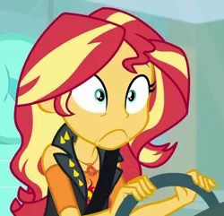 Size: 1118x1078 | Tagged: safe, derpibooru import, screencap, sunset shimmer, driving miss shimmer, equestria girls, equestria girls series, car, cropped, driving miss shimmer: fluttershy, faic, female, geode of empathy, magical geodes, seatbelt, solo, steering wheel