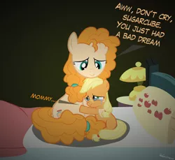 Size: 4200x3850 | Tagged: safe, artist:mrkat7214, derpibooru import, applejack, pear butter, pony, comforting, crying, cute, daaaaaaaaaaaw, dialogue, duo, female, filly, filly applejack, jackabetes, mother and child, mother and daughter, pearabetes, teary eyes, younger