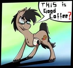 Size: 3500x3253 | Tagged: safe, artist:bumskuchen, derpibooru import, oc, oc:fruitsallad, earth pony, pony, coffee, grumpy, simple background, solo