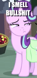 Size: 359x740 | Tagged: safe, derpibooru import, edit, edited screencap, screencap, maud pie, starlight glimmer, pony, unicorn, rock solid friendship, bag, bucket, bullshit, caption, cherry, cropped, female, food, image macro, impact font, reaction image, saddle bag, skeptical, suspicious, text, text edit, vulgar