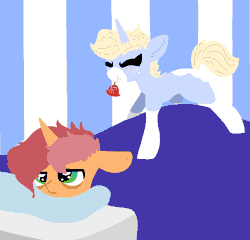 Size: 980x940 | Tagged: suggestive, artist:nootaz, derpibooru import, oc, oc:game guard, oc:nootaz, unofficial characters only, pony, unicorn, animated, bell, blushing, eyes closed, gametaz, gif, horn, lineless, mouth hold, simple background, transparent background