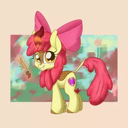 Size: 2200x2200 | Tagged: safe, artist:litrojia, derpibooru import, apple bloom, kirin, abstract background, bow, curved horn, cutie mark, fake cutie mark, female, filly, horn, kirinified, leg fluff, leonine tail, levitation, looking at you, magic, paint, paintbrush, scales, smiling, solo, species swap, standing, telekinesis, the cmc's cutie marks