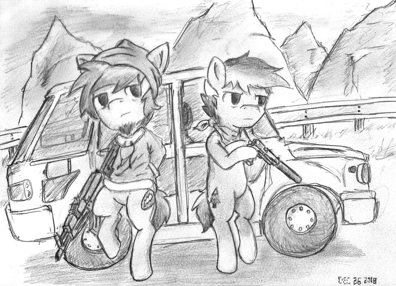 Size: 1635x1182 | Tagged: safe, artist:spackle, derpibooru import, oc, oc:buck evergreen, oc:zone blitz, unofficial characters only, earth pony, pony, ak-104, ak-47, assault rifle, bandana, beanie, bipedal, car, clothes, death road to canada, duo, facial hair, gun, handgun, hat, hoodie, hoof hold, m1911, male, monochrome, mountain, mountain range, outdoors, pistol, rifle, road, stallion, suppressor, traditional art, weapon, who needs trigger fingers