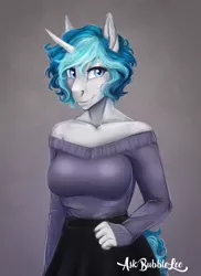 Size: 1857x2550 | Tagged: safe, artist:askbubblelee, derpibooru import, oc, oc:bubble lee, unofficial characters only, anthro, unicorn, abstract background, adorasexy, anthro oc, beautiful, big breasts, blouse, blushing, breasts, clothes, curved horn, cute, eyelashes, female, freckles, horn, lips, looking at you, mare, neck freckles, ocbetes, off shoulder, off shoulder sweater, sexy, short hair, shoulder freckles, shoulderless, signature, skirt, smiling, solo, sweater, sweater puppies, wavy mane