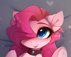 Size: 1008x812 | Tagged: safe, artist:magnaluna, derpibooru import, pinkie pie, earth pony, pony, :p, bust, chest fluff, collar, colored pupils, cropped, cute, diapinkes, ear fluff, female, hair over one eye, heart, heart eyes, hoof fluff, mare, portrait, silly, smiling, solo, tongue out, underhoof, wingding eyes